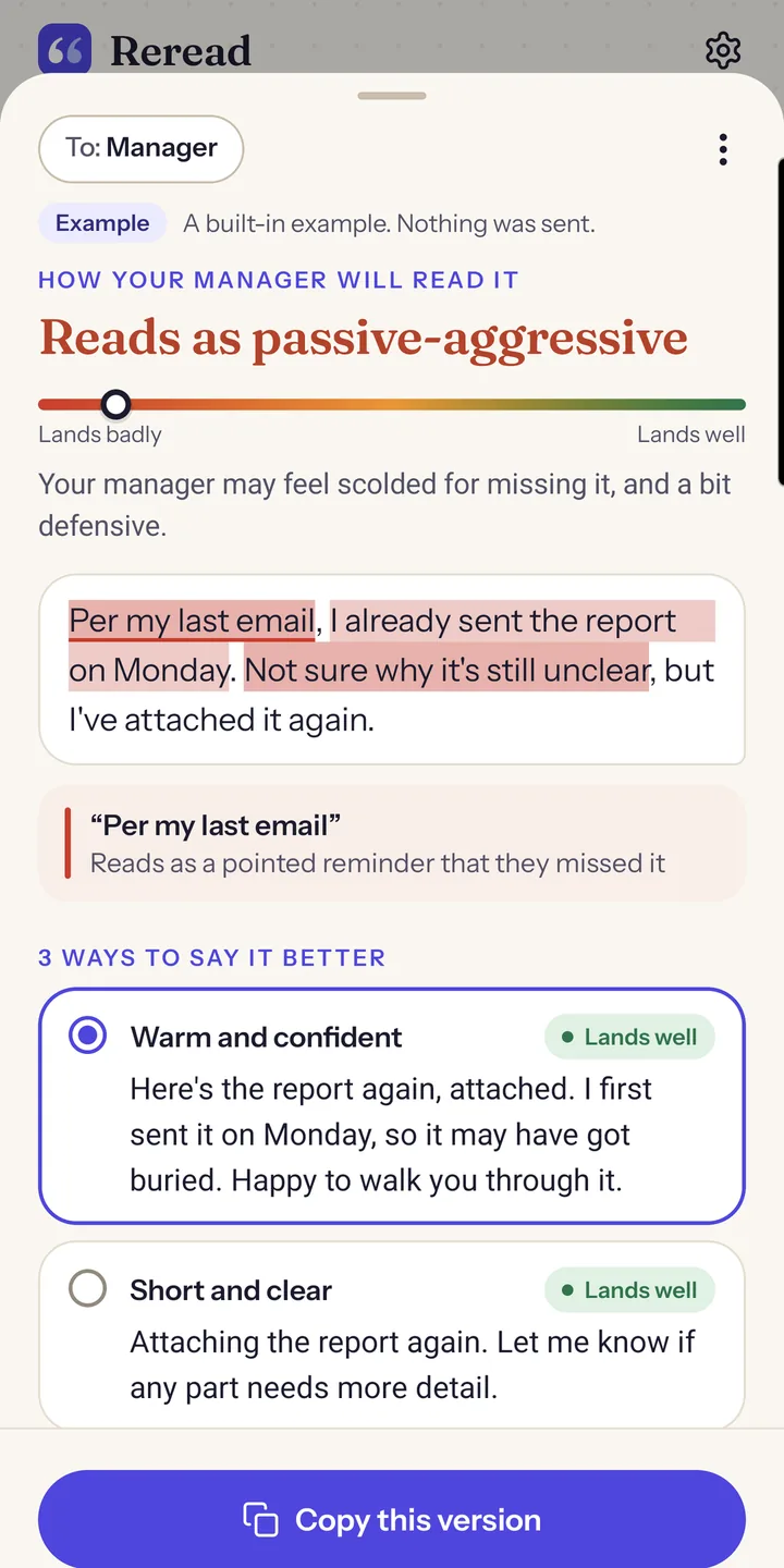 The built-in Check example: a draft to a manager reads as passive-aggressive, marked near Lands badly on a tone bar, with the phrases that cause it highlighted and Per my last email explained