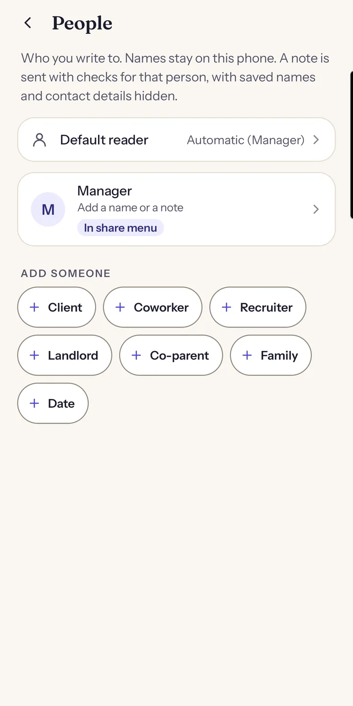 People: the default reader, set to Automatic, and eight roles to add, from Manager to Date, each with an optional name or note
